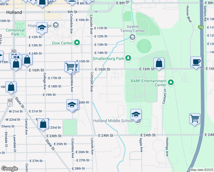 map of restaurants, bars, coffee shops, grocery stores, and more near Hazel Avenue in Holland