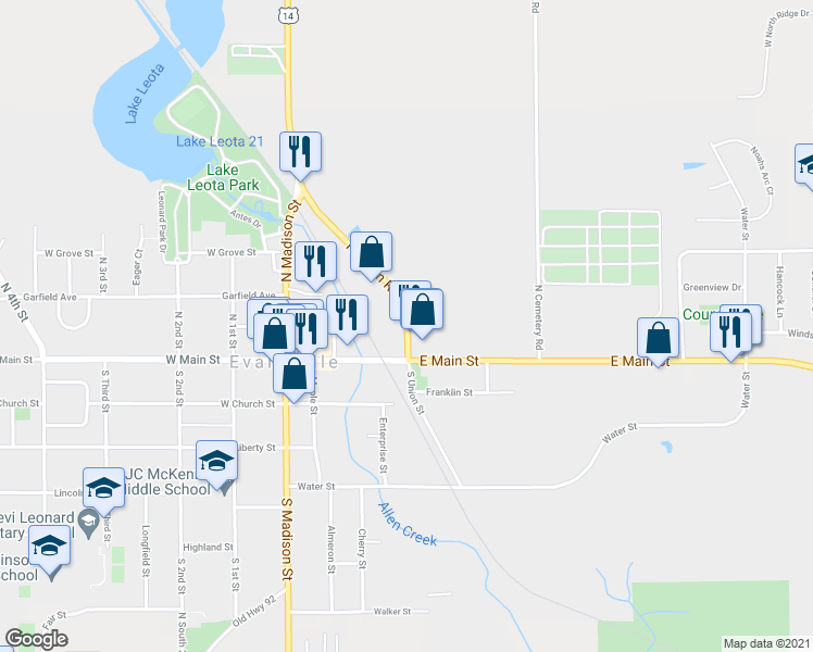 map of restaurants, bars, coffee shops, grocery stores, and more near 43 North Union Road in Evansville