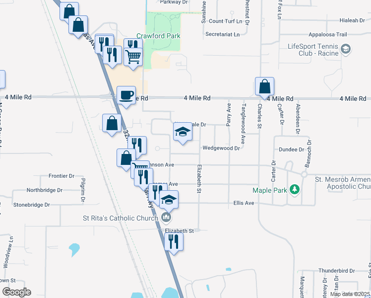 map of restaurants, bars, coffee shops, grocery stores, and more near 4748 Elizabeth Street in Racine