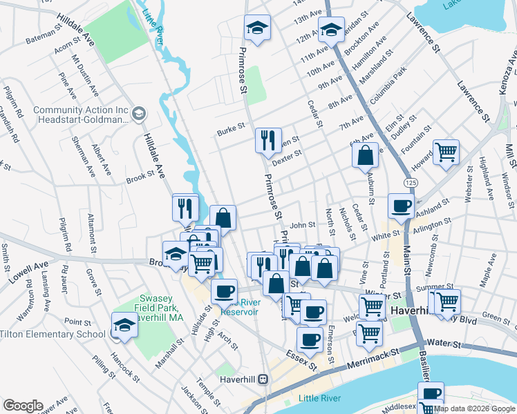 map of restaurants, bars, coffee shops, grocery stores, and more near 7 Stewart Street in Haverhill