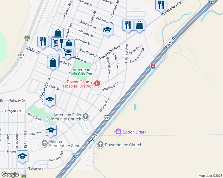 map of restaurants, bars, coffee shops, grocery stores, and more near 606 Calder Avenue in American Falls