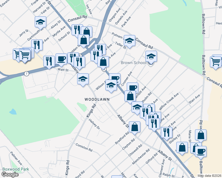 map of restaurants, bars, coffee shops, grocery stores, and more near 1752 State Street in Schenectady