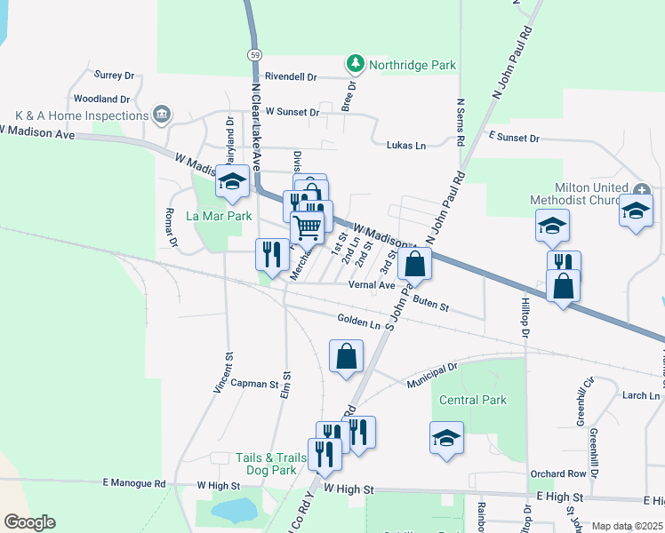 map of restaurants, bars, coffee shops, grocery stores, and more near 116 1st Street in Milton