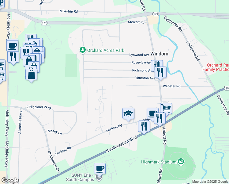 map of restaurants, bars, coffee shops, grocery stores, and more near 3767 Lynn Drive in Orchard Park