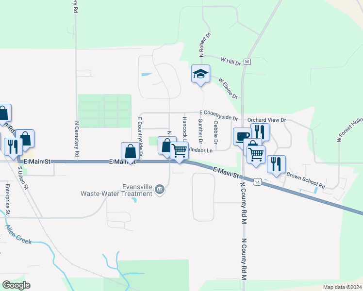 map of restaurants, bars, coffee shops, grocery stores, and more near 37 Hancock Lane in Evansville
