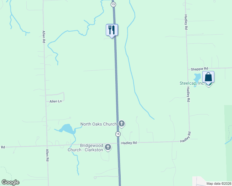 map of restaurants, bars, coffee shops, grocery stores, and more near 10205 South Ortonville Road in Clarkston