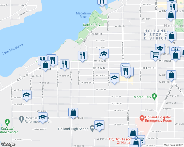 map of restaurants, bars, coffee shops, grocery stores, and more near 428 Harrison Avenue in Holland