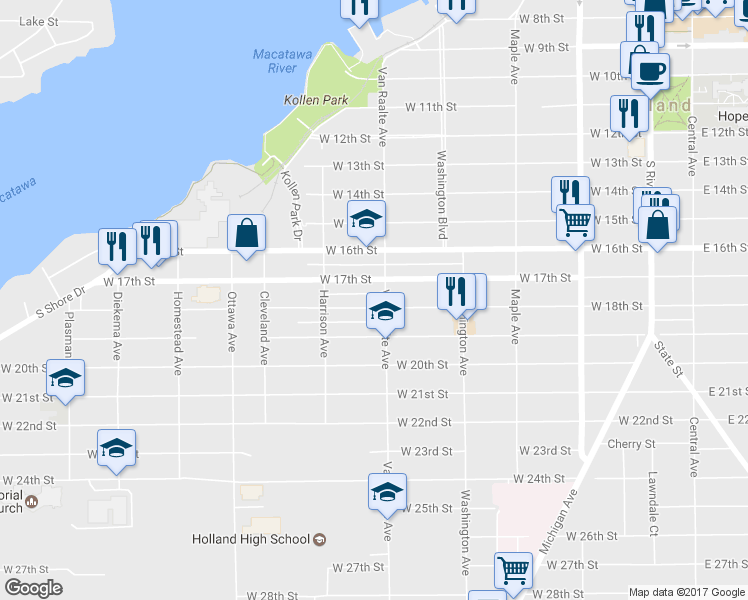 map of restaurants, bars, coffee shops, grocery stores, and more near 295 West 18th Street in Holland