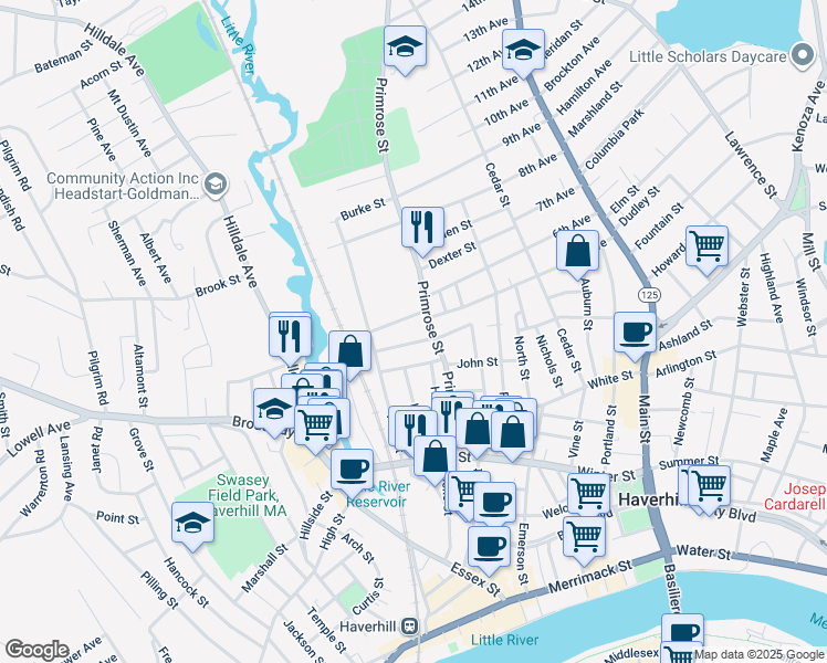 map of restaurants, bars, coffee shops, grocery stores, and more near 7 Stewart Street in Haverhill