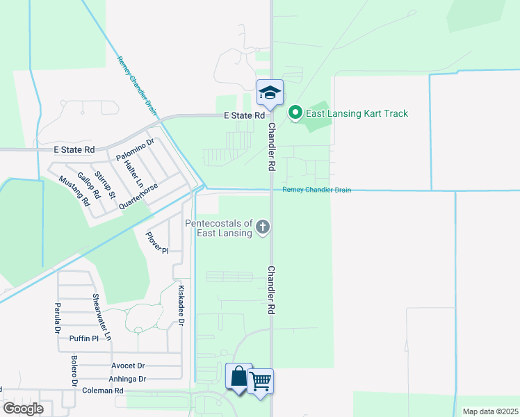 map of restaurants, bars, coffee shops, grocery stores, and more near 16290 Chandler Road in East Lansing