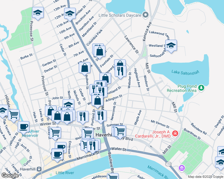map of restaurants, bars, coffee shops, grocery stores, and more near 15 Kenoza Avenue in Haverhill
