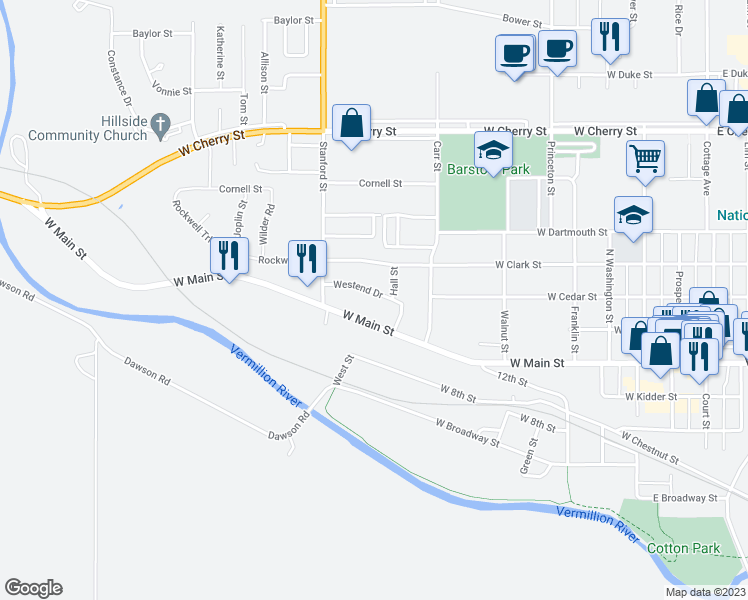 map of restaurants, bars, coffee shops, grocery stores, and more near 1024 Westend Drive in Vermillion