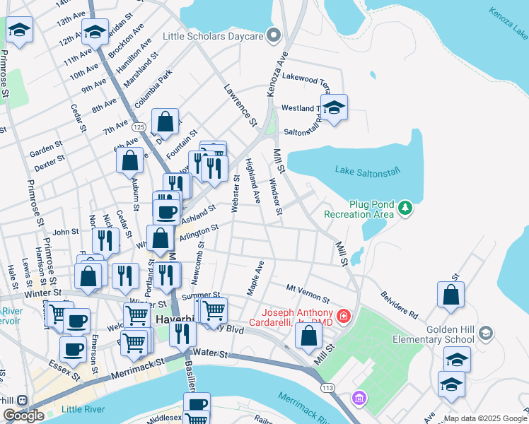 map of restaurants, bars, coffee shops, grocery stores, and more near 33 Highland Avenue in Haverhill