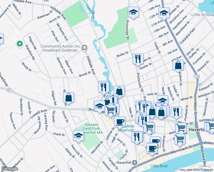 map of restaurants, bars, coffee shops, grocery stores, and more near 6 Little River Street in Haverhill