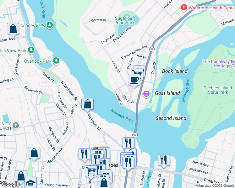 map of restaurants, bars, coffee shops, grocery stores, and more near 46 Grove Street in Waterford