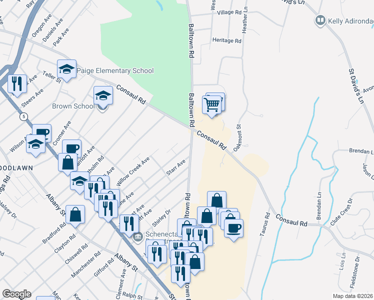 map of restaurants, bars, coffee shops, grocery stores, and more near 3220 Balltown Road in Schenectady