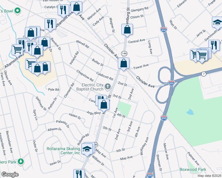 map of restaurants, bars, coffee shops, grocery stores, and more near 202 Chepstow Road in Schenectady