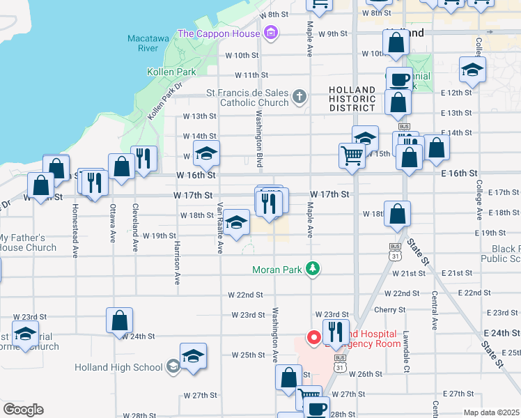 map of restaurants, bars, coffee shops, grocery stores, and more near 231 West 18th Street in Holland