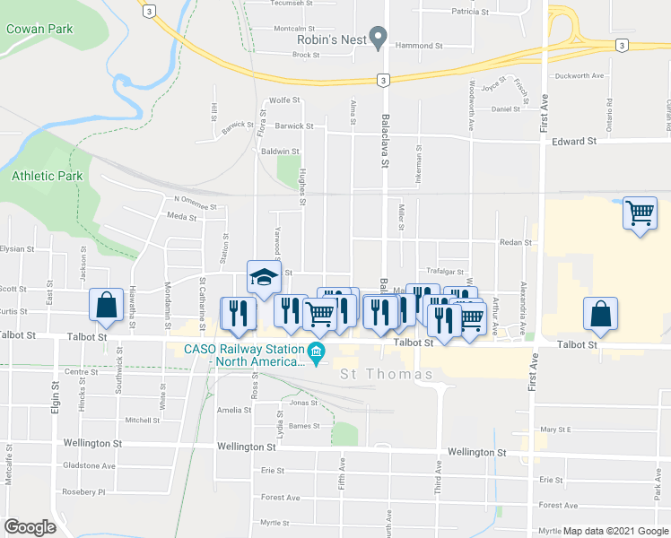 map of restaurants, bars, coffee shops, grocery stores, and more near 89 Kains Street in Saint Thomas