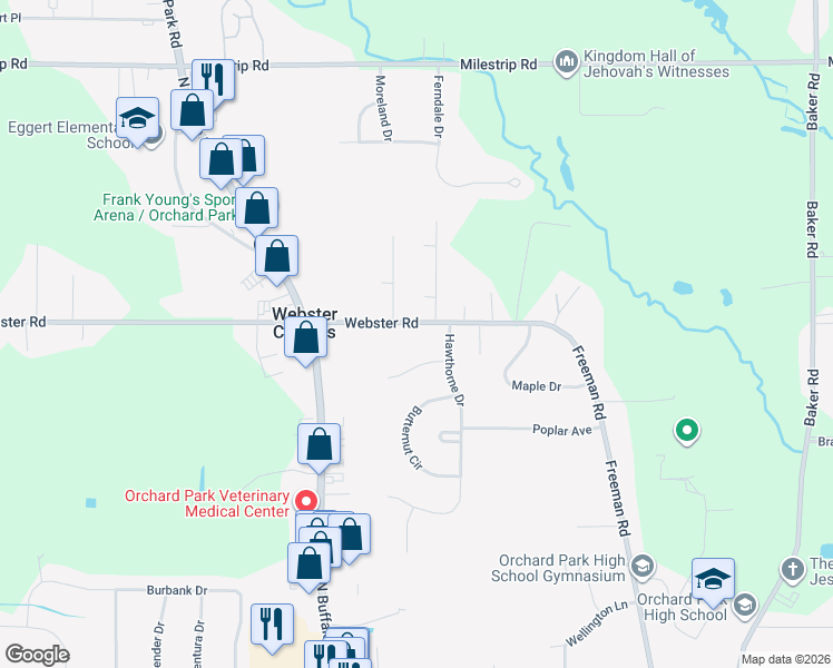 map of restaurants, bars, coffee shops, grocery stores, and more near 6783 Webster Road in Orchard Park