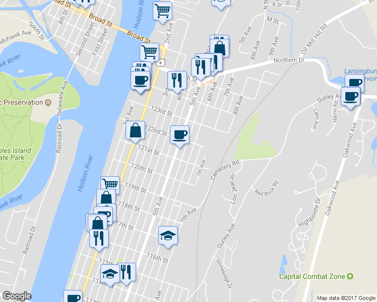map of restaurants, bars, coffee shops, grocery stores, and more near 777 6th Avenue in Troy