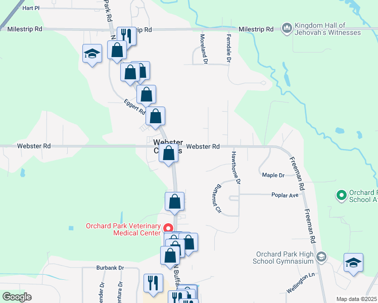 map of restaurants, bars, coffee shops, grocery stores, and more near 6585 Webster Road in Orchard Park