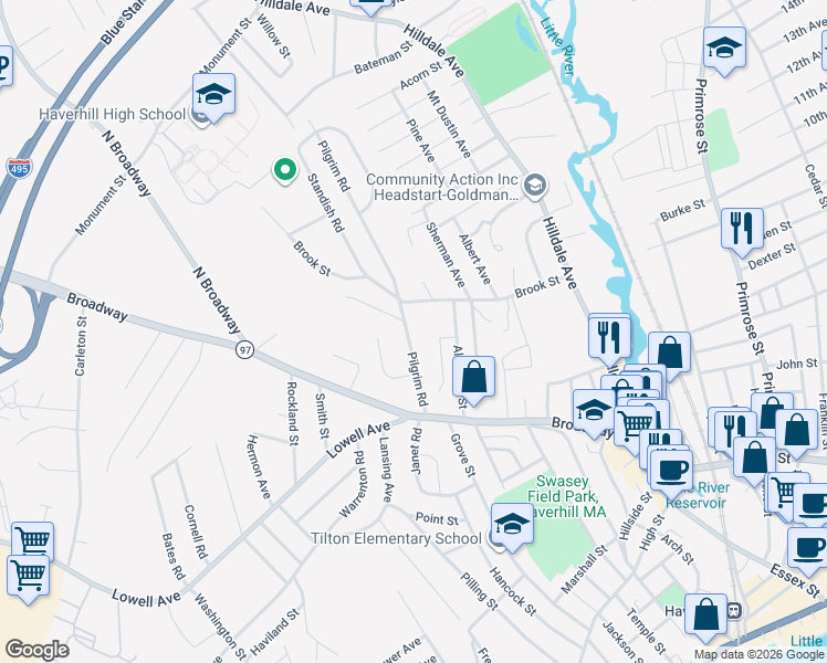 map of restaurants, bars, coffee shops, grocery stores, and more near 55 Pilgrim Road in Haverhill