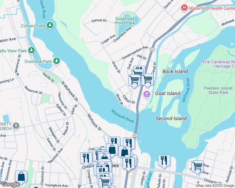 map of restaurants, bars, coffee shops, grocery stores, and more near 46 Grove Street in Waterford