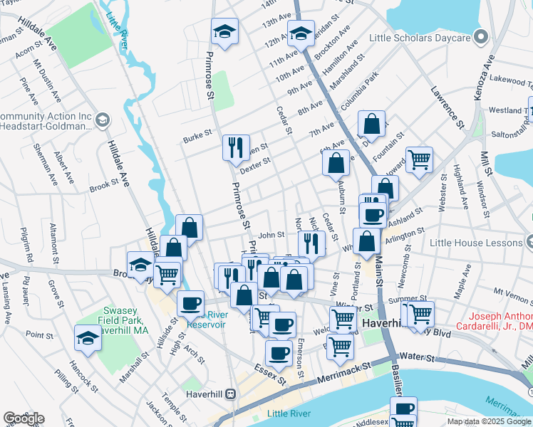 map of restaurants, bars, coffee shops, grocery stores, and more near 12 Kimball Street in Haverhill