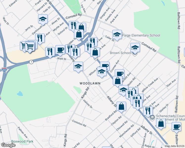 map of restaurants, bars, coffee shops, grocery stores, and more near 66 Wilson Avenue in Schenectady