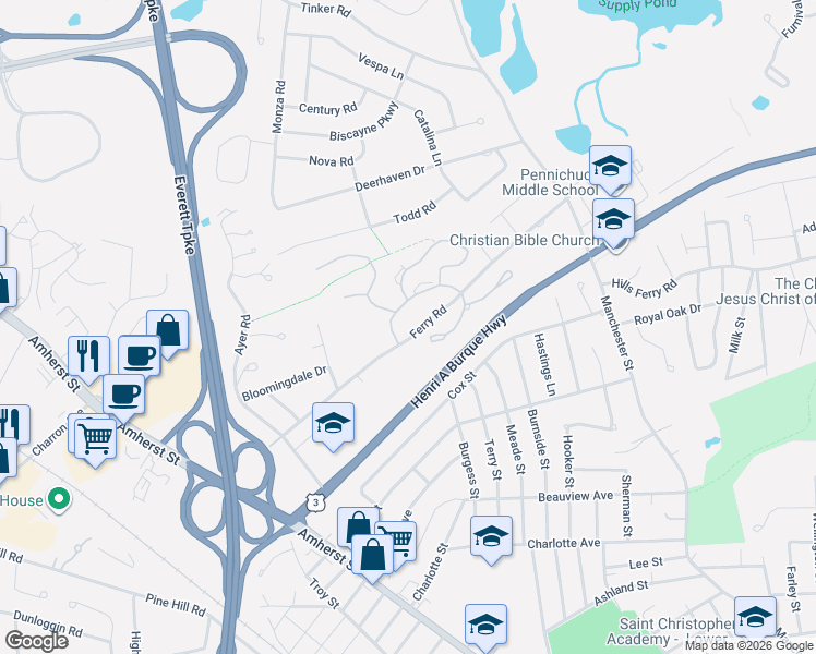 map of restaurants, bars, coffee shops, grocery stores, and more near 44 Ferry Road in Nashua