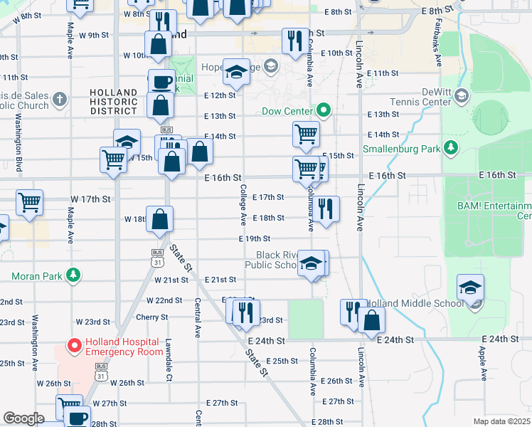 map of restaurants, bars, coffee shops, grocery stores, and more near 91 East 18th Street in Holland
