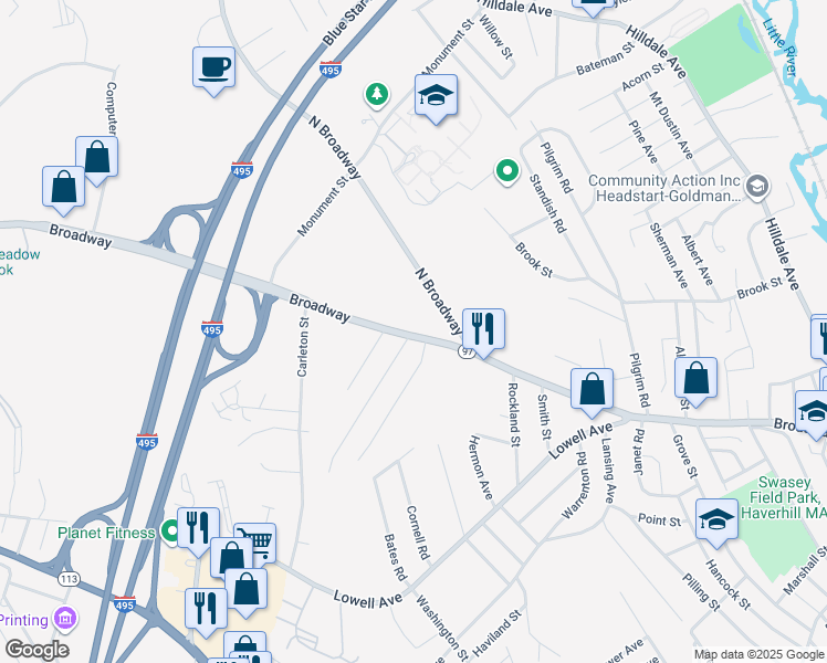 map of restaurants, bars, coffee shops, grocery stores, and more near 291 Broadway in Haverhill