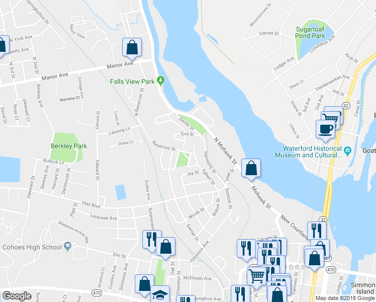 map of restaurants, bars, coffee shops, grocery stores, and more near 11 Reservoir Street in Cohoes