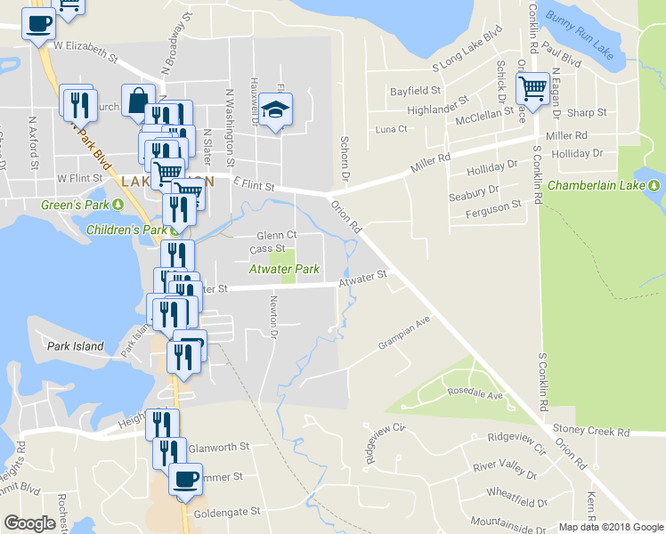 map of restaurants, bars, coffee shops, grocery stores, and more near 577 Bagley Street in Orion charter Township