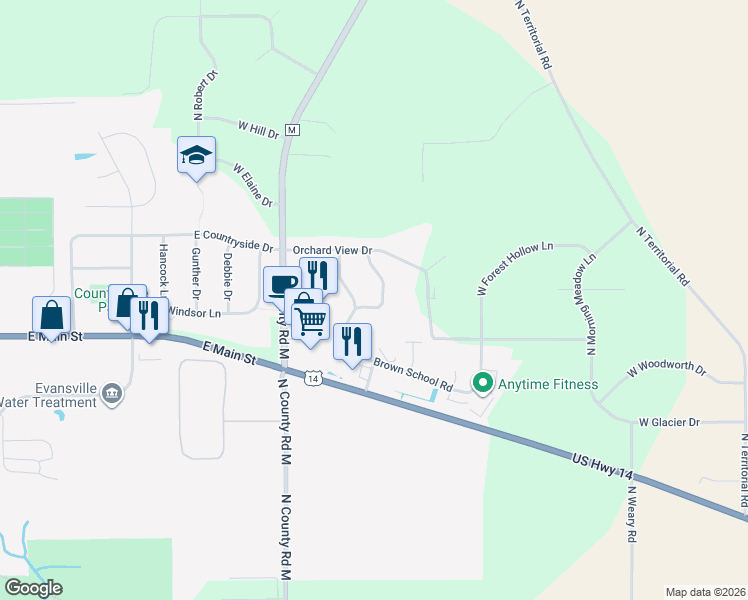 map of restaurants, bars, coffee shops, grocery stores, and more near 21 Braeburn Way in Evansville