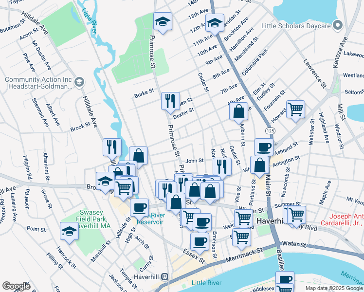 map of restaurants, bars, coffee shops, grocery stores, and more near 8 York Street in Haverhill