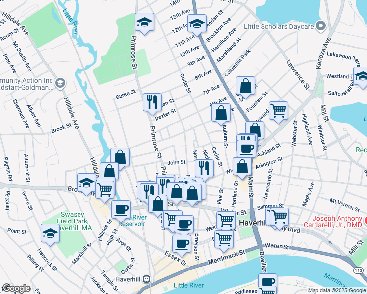 map of restaurants, bars, coffee shops, grocery stores, and more near 132 Franklin Street in Haverhill