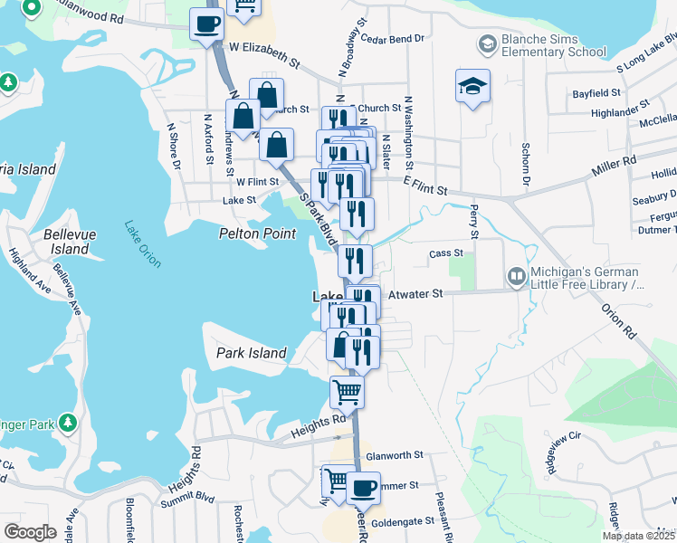 map of restaurants, bars, coffee shops, grocery stores, and more near 236 South Broadway Street in Orion charter Township