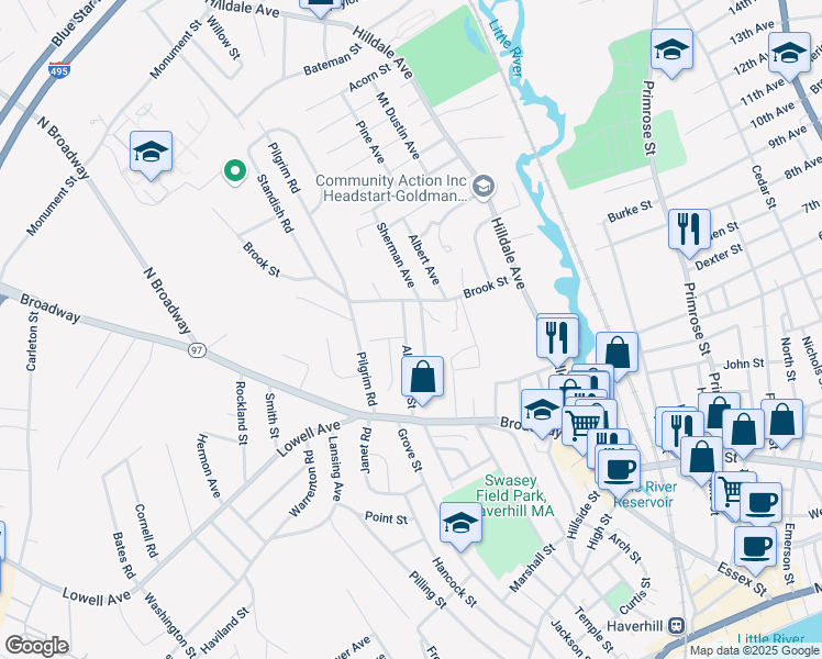 map of restaurants, bars, coffee shops, grocery stores, and more near 55 Altamont Street in Haverhill
