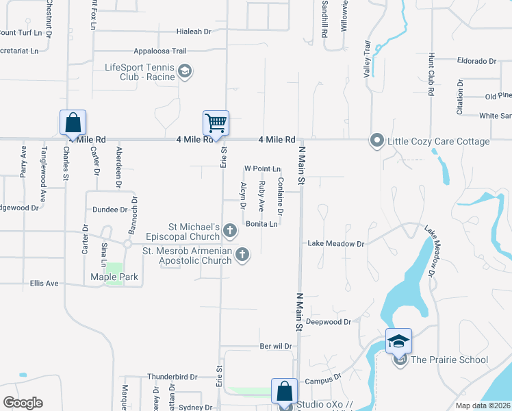 map of restaurants, bars, coffee shops, grocery stores, and more near 4750 Ruby Avenue in Racine