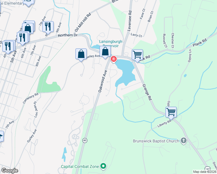 map of restaurants, bars, coffee shops, grocery stores, and more near 23 Biscayne Boulevard in Troy