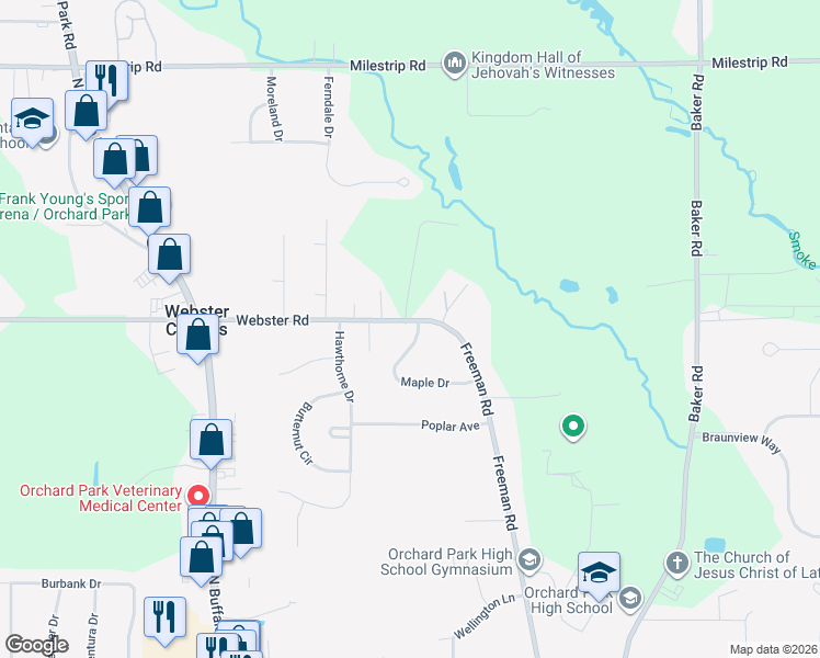 map of restaurants, bars, coffee shops, grocery stores, and more near 6935 Webster Road in Orchard Park