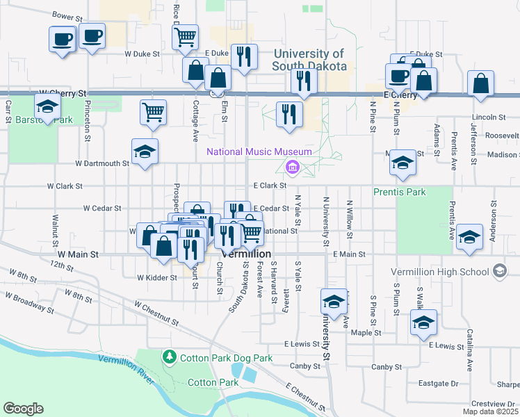 map of restaurants, bars, coffee shops, grocery stores, and more near 248 East Cedar Street in Vermillion