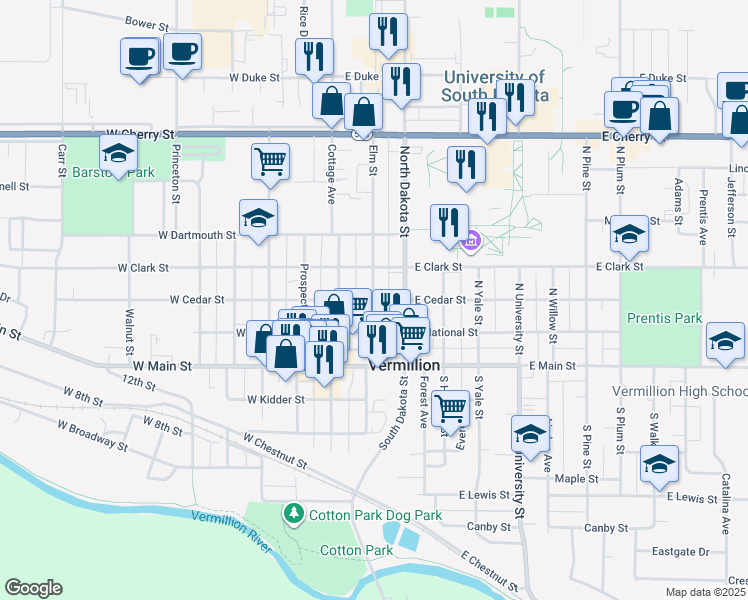 map of restaurants, bars, coffee shops, grocery stores, and more near 100 East Cedar Street in Vermillion