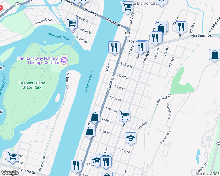 map of restaurants, bars, coffee shops, grocery stores, and more near 750 2nd Avenue in Troy