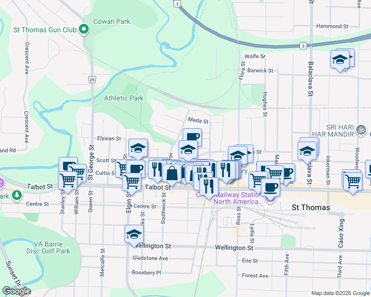 map of restaurants, bars, coffee shops, grocery stores, and more near 48 Mondamin Street in St. Thomas