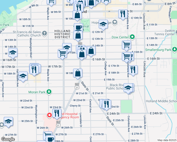 map of restaurants, bars, coffee shops, grocery stores, and more near 428 Central Avenue in Holland