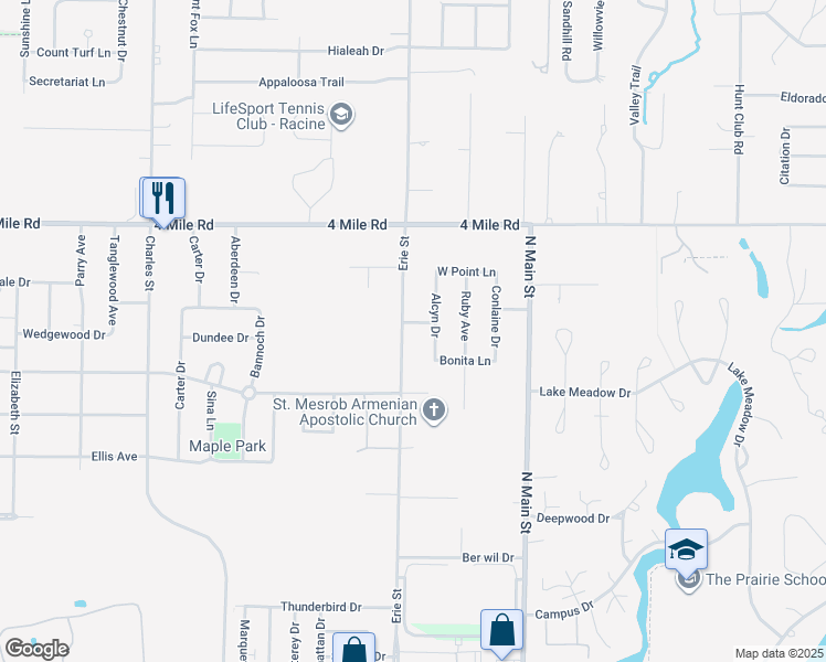 map of restaurants, bars, coffee shops, grocery stores, and more near 533 Pointmere Lane West in Racine