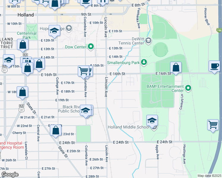 map of restaurants, bars, coffee shops, grocery stores, and more near 425 Lincoln Avenue in Holland